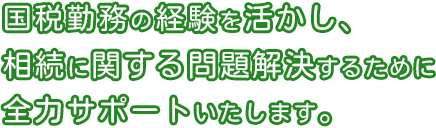 国税勤務の経験を活かし、相続に関する問題解決するために全力サポートいたします。